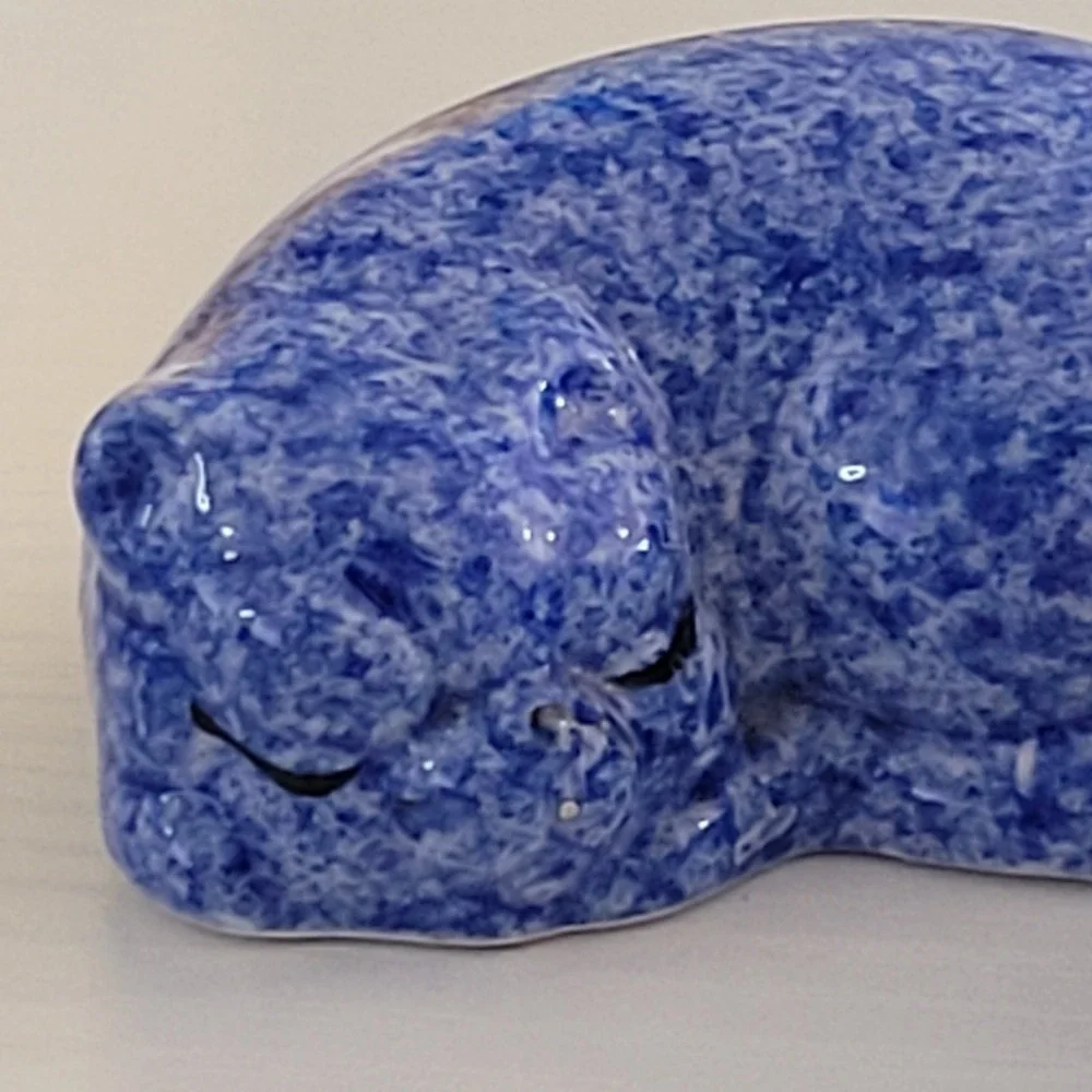 Vtg Enesco Cat 2 Blue Ceramic Shiny Sleeping Mini Figurine Sponge 1983 Taiwan
